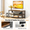 Industrial TV stand in rustic brown with power outlets, adjustable foot pads, and two storage shelves for versatile use.