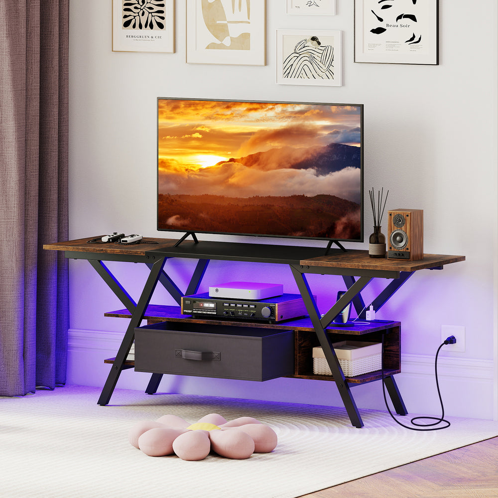 TV Stand for 65 Inch TVs with Power Outlets and LED Lights-Rustic Brown - Gallery View 1 of 11