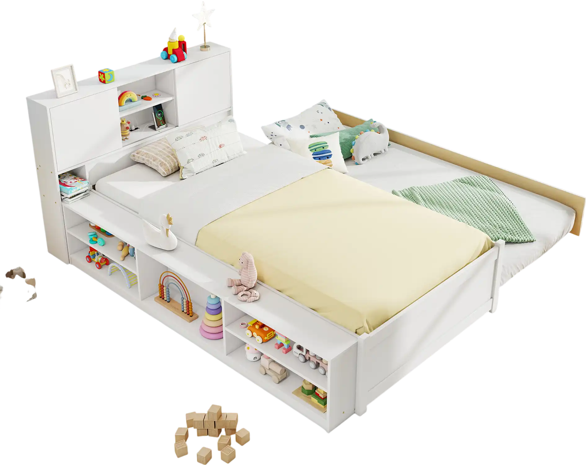 Costway Twin Bed Frame with Trundle Power Outlets White 863754192 New