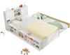 Twin size bed frame with trundle in white, featuring a storage headboard and power outlets for convenient charging.