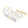 Twin size bed frame with trundle, storage headboard, and power outlets, featuring sturdy plywood slats and dimensions.