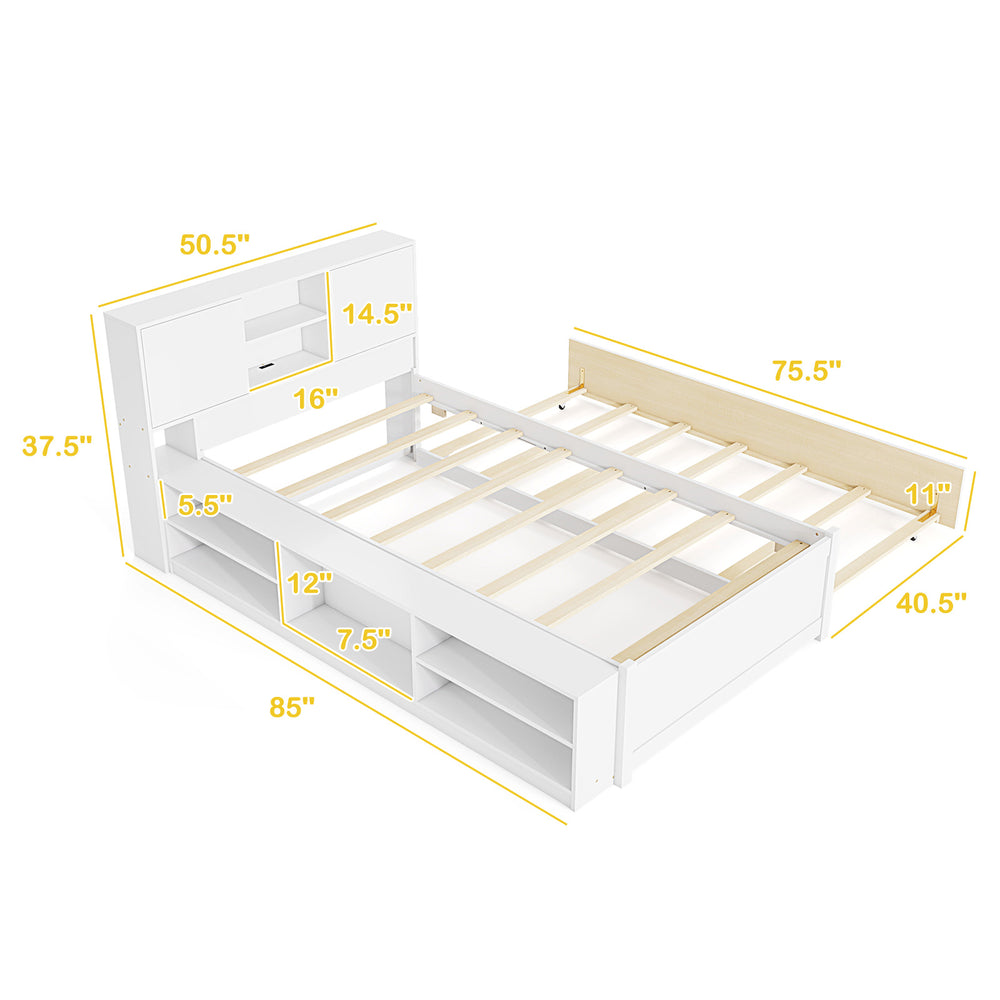 Twin size bed frame with trundle, storage headboard, and power outlets, featuring sturdy plywood slats and dimensions.