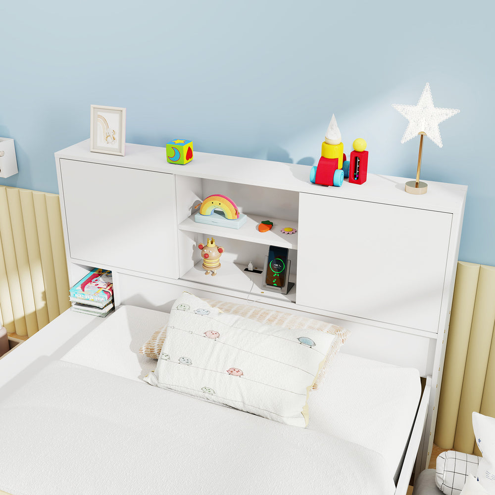 Twin size bed frame with storage headboard, trundle, and power outlets, perfect for kids' rooms and sleepovers.