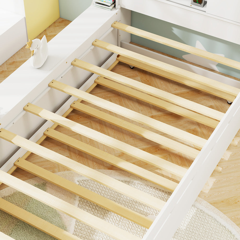 Twin size bed frame with trundle featuring sturdy plywood slats, designed for durability and easy assembly.