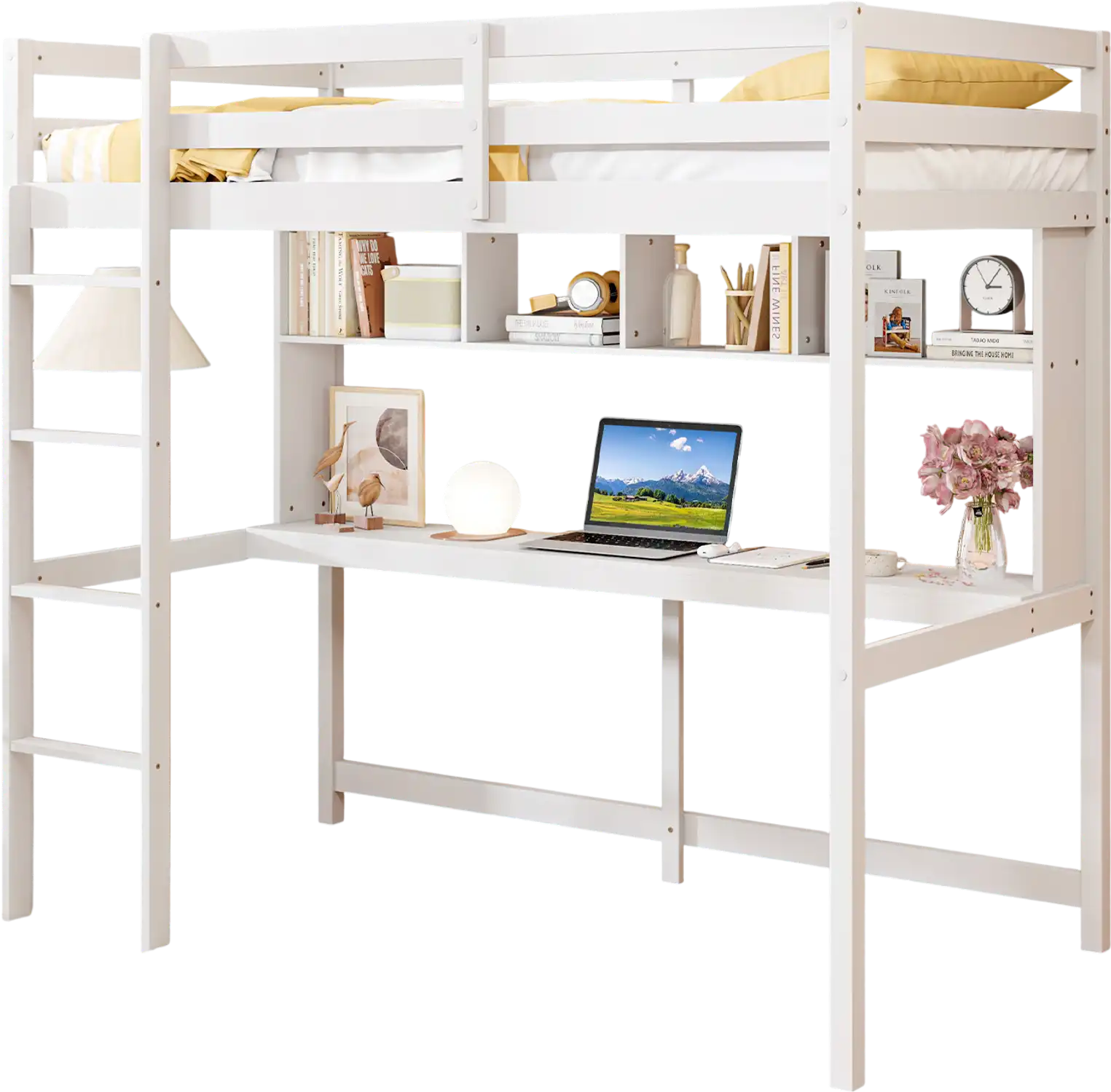 Costway Twin Loft Bed Desk Shelves White 985347621 New