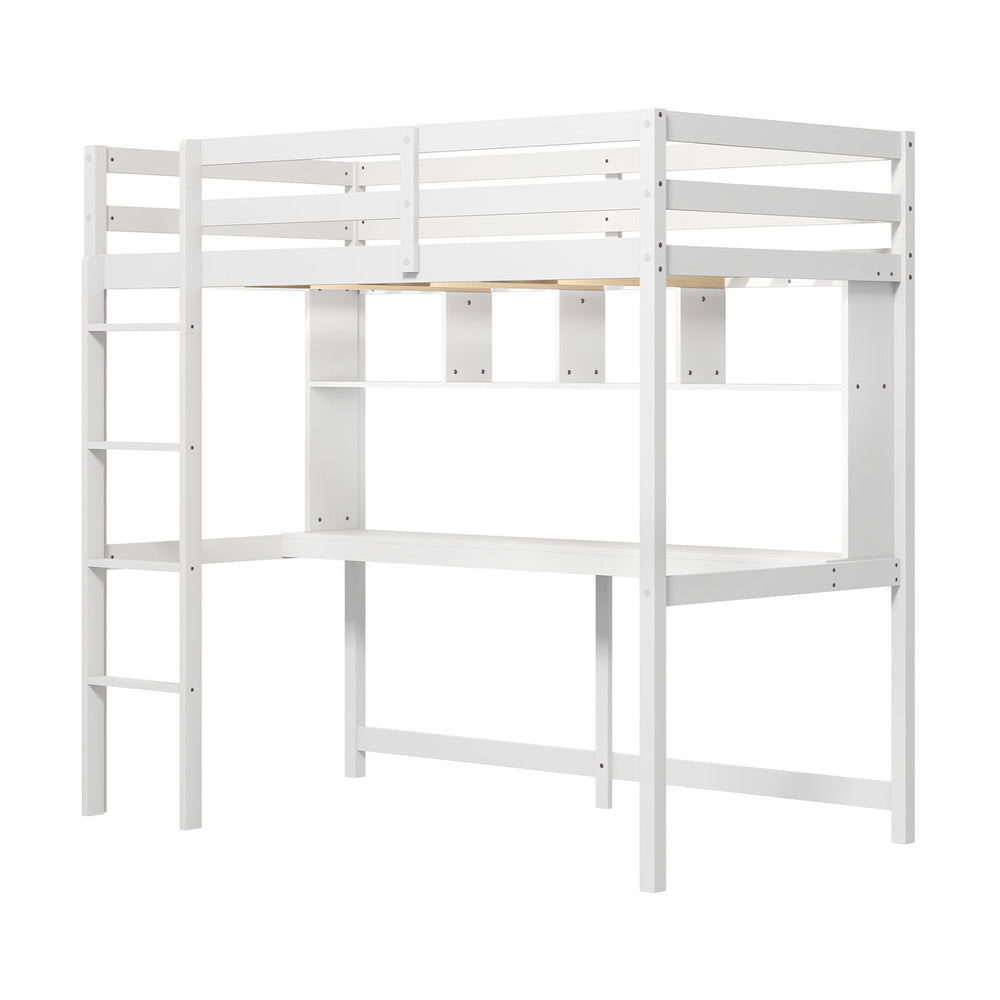 Twin size loft bed in white with integrated desk and shelves, perfect for home or dorm space-saving solutions.