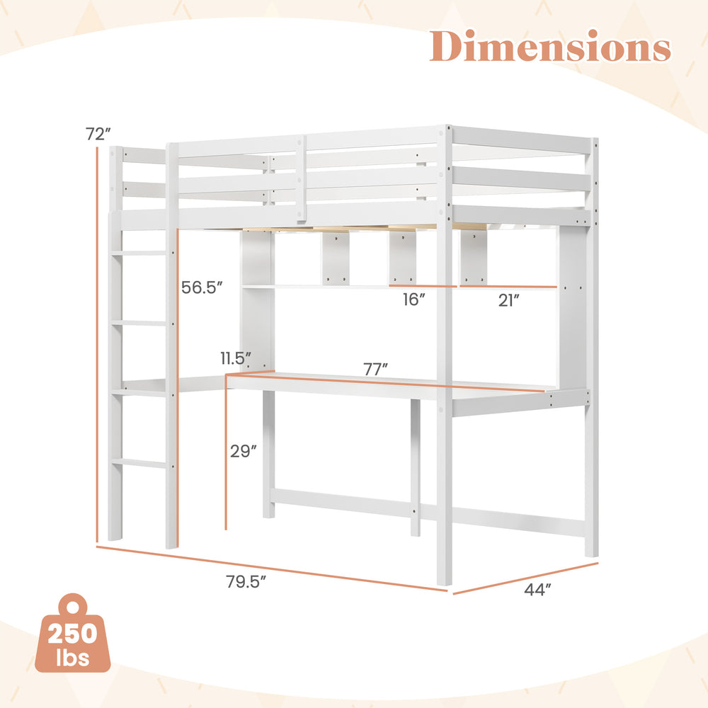 Twin size loft bed with integrated desk and shelves, crafted from solid pine wood, ideal for home or dorm use.