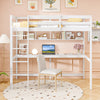 Twin size loft bed in white with integrated desk and shelves, ideal for home or dorm space-saving solutions.