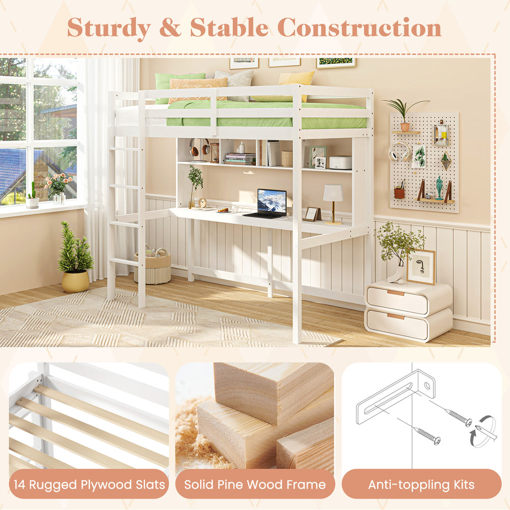 Twin size loft bed with integrated desk and shelves, crafted from solid pine wood for home or dorm use.