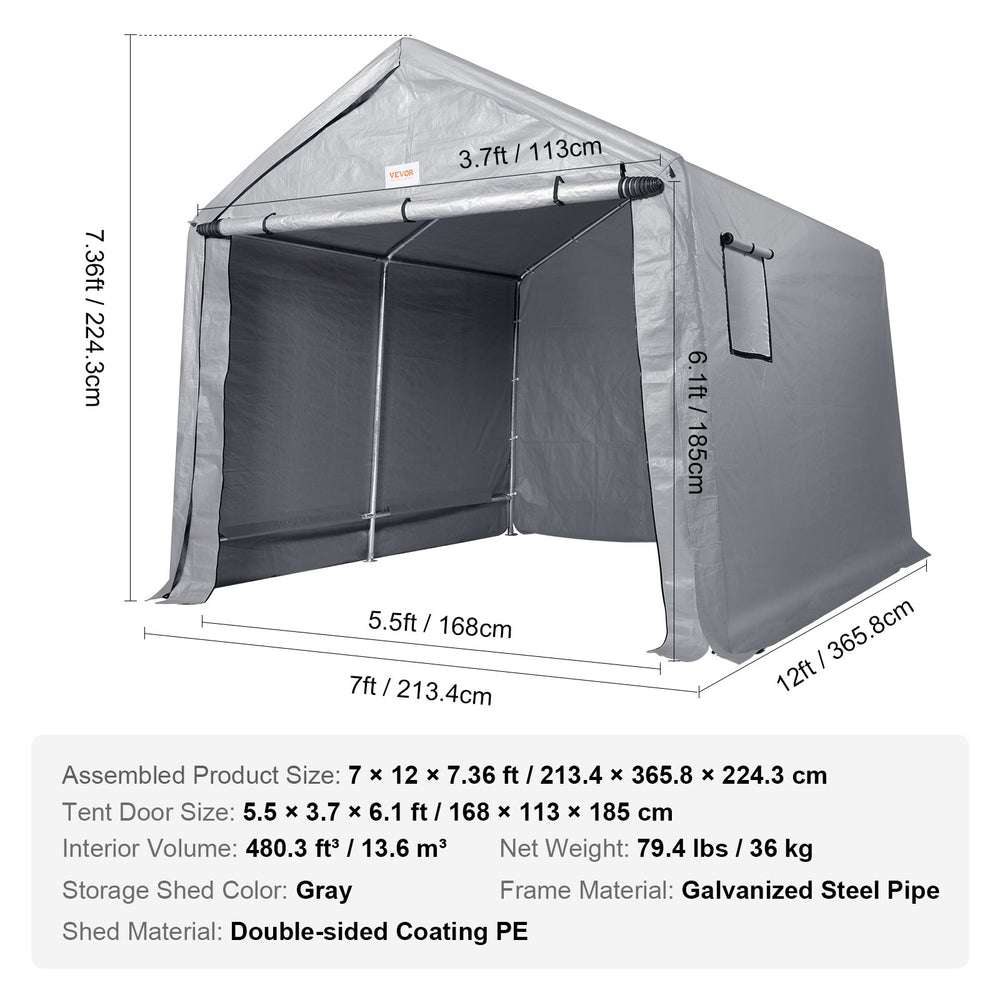 Vevor Outdoor Storage Shelter 7' x 12' x 7.36' Portable Shed with Roll-Up Zipper Door and Ventilated Windows New