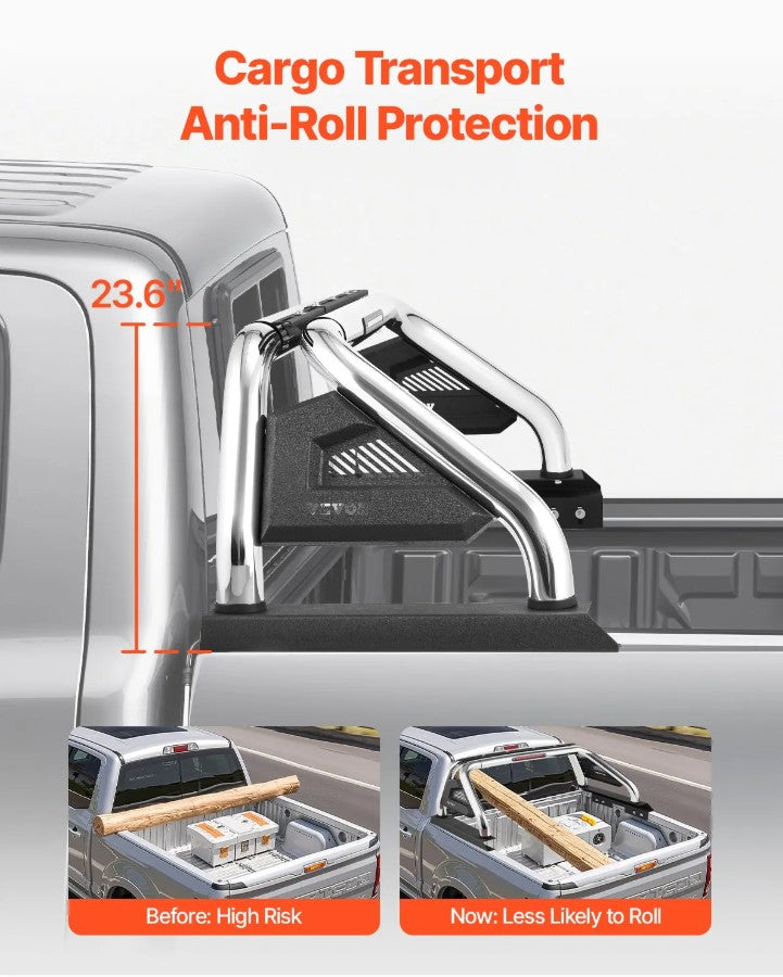 Vevor Truck Bed Roll Bar Chase Rack Adjustable 57"–64" Carbon Steel with LED Light New