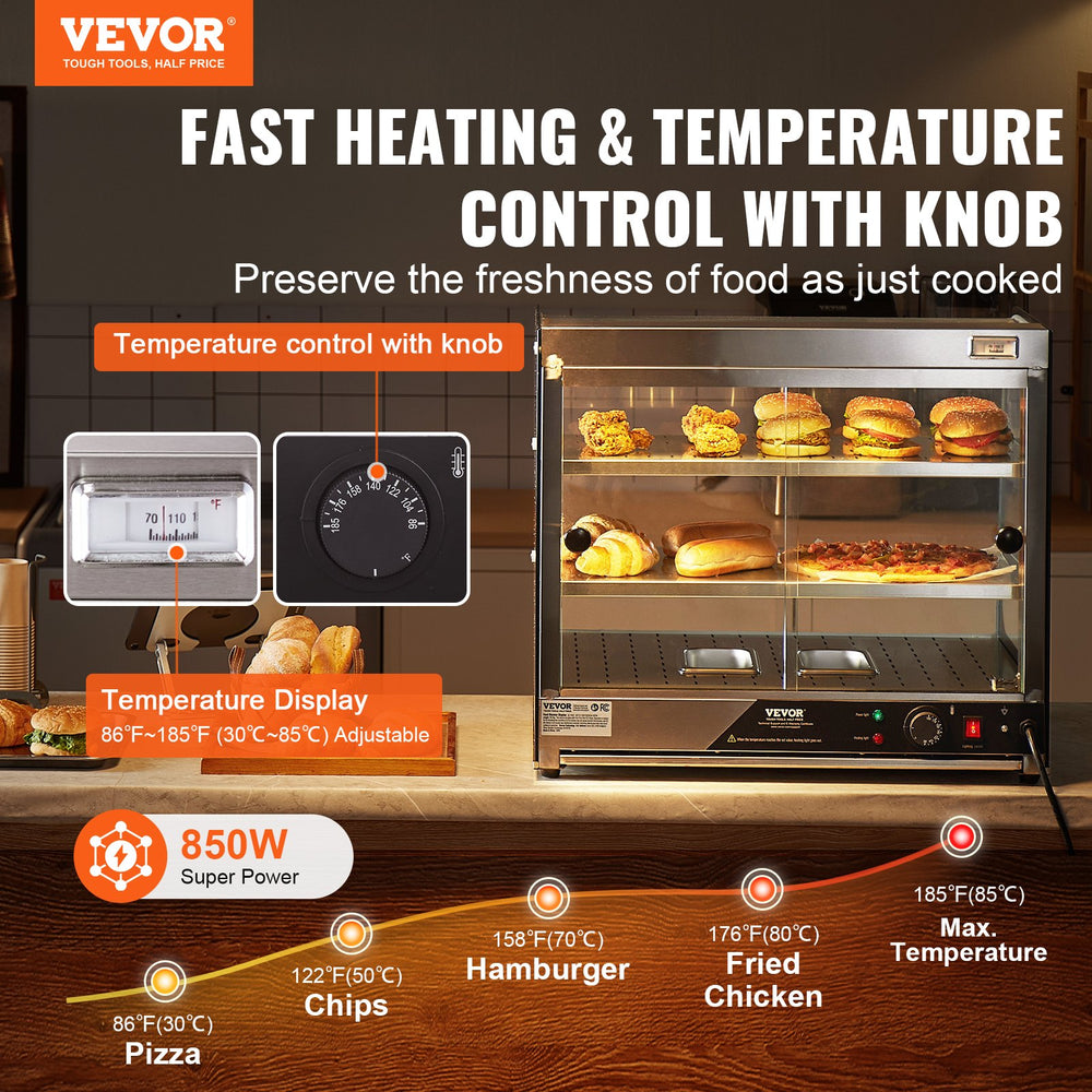 Vevor Food Warmer Display 850W 2-Tier Countertop Cabinet 86°F~185°F Temperature Range New