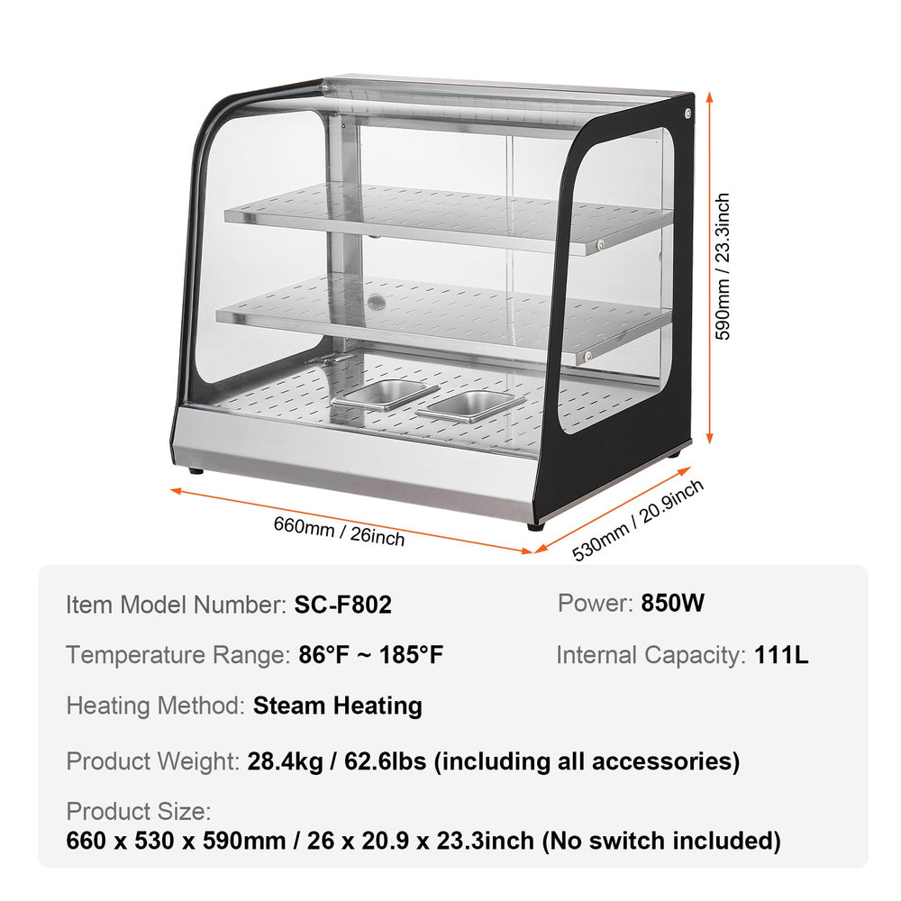 Vevor Food Warmer Display 850W 2-Tier Countertop Cabinet 86°F~185°F Temperature Range New