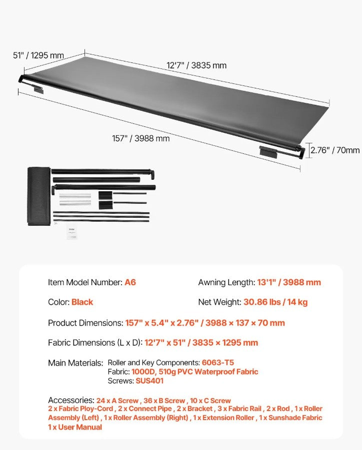 Vevor RV Awning Replacement 12' 7" Fabric Slide Topper New