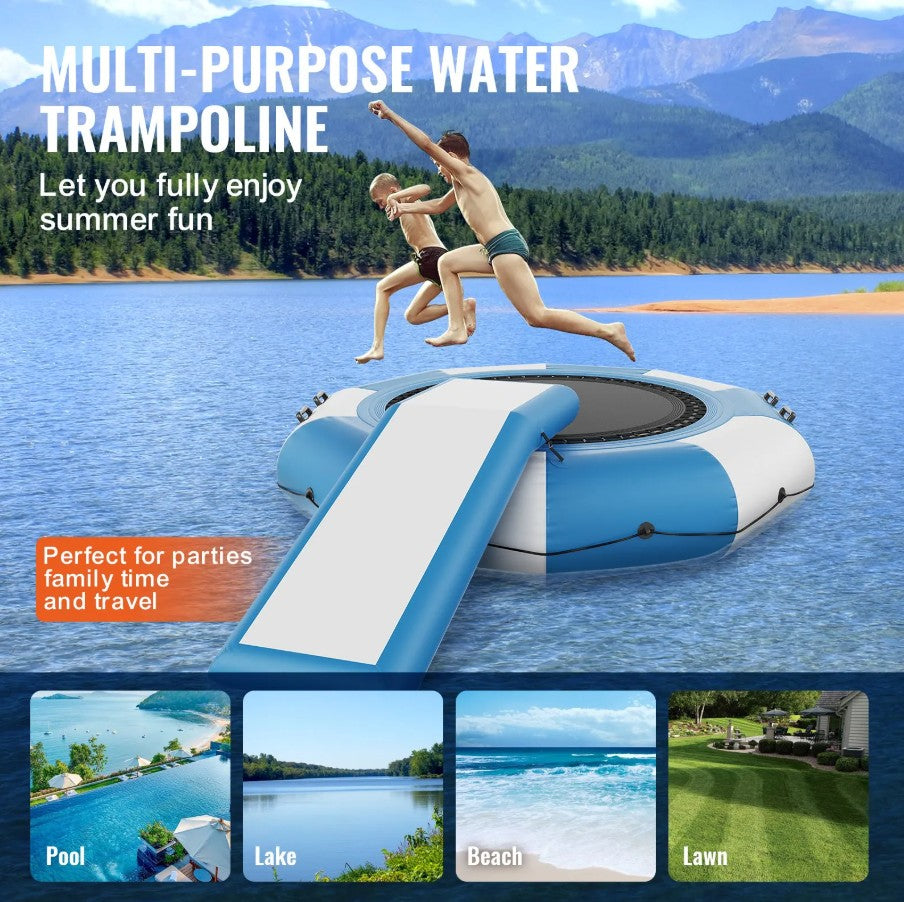 Vevor Inflatable Water Trampoline 10' Floating Bouncer with Slide Ladder and Air Pump New