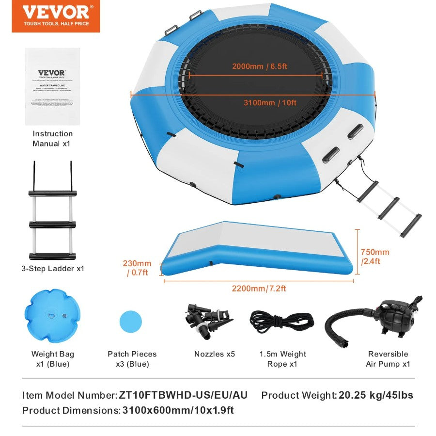 Vevor Inflatable Water Trampoline 10' Floating Bouncer with Slide Ladder and Air Pump New