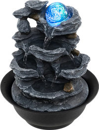 Tabletop water fountain showcasing a close-up of the rolling crystal ball and LED light, enhancing relaxation and.