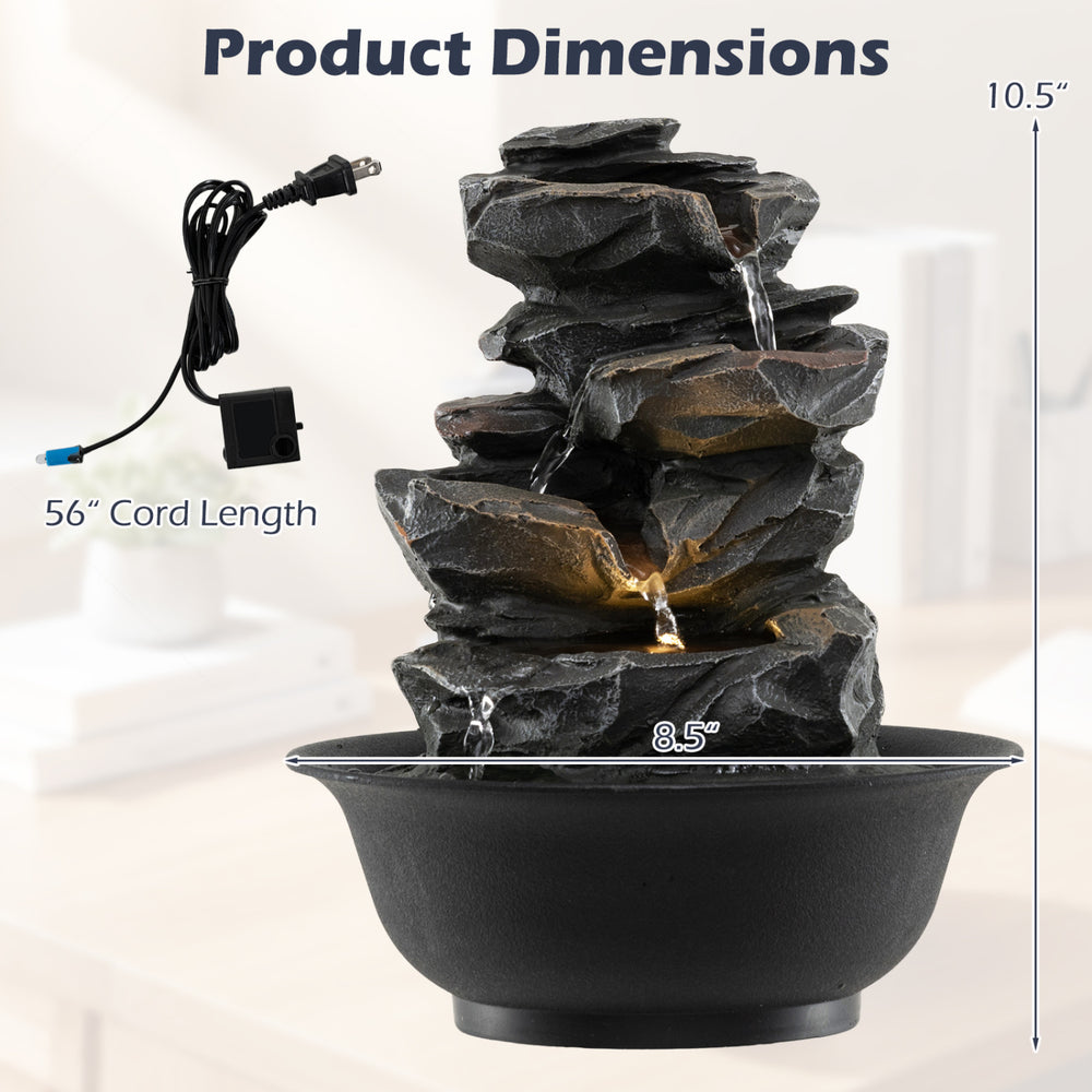 Tabletop water fountain with LED light, featuring multiple tiers and compact design for indoor desktop use.