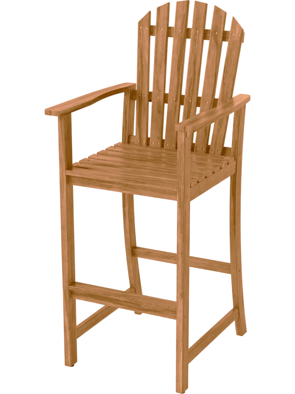 Natural tall Adirondack chair with slatted seat and high backrest, made of acacia wood for comfortable outdoor seating.