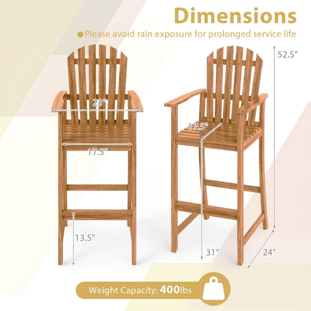 Tall Adirondack chair with armrests and footrest, made of acacia wood, ideal for deck seating and social engagement.