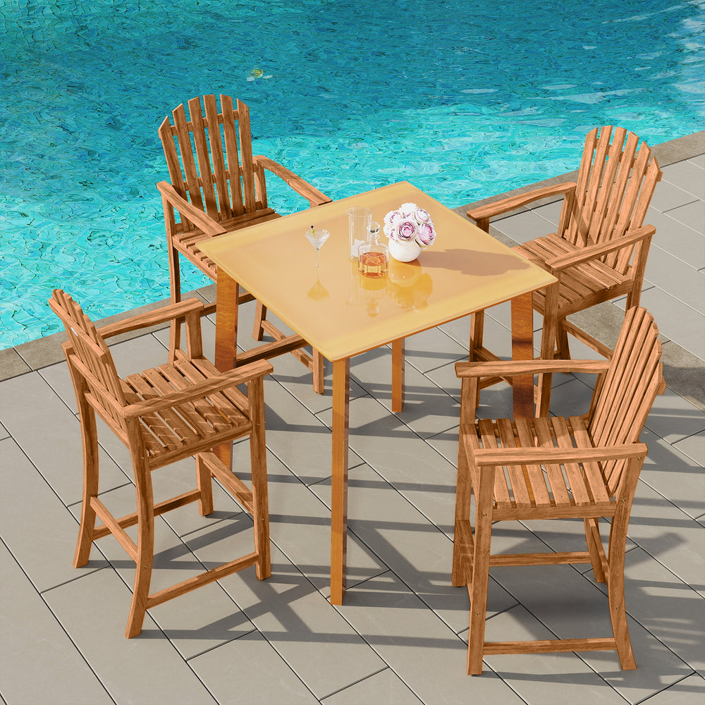Tall Adirondack chair with armrests and footrest, made of solid acacia wood, perfect for deck seating and relaxation.