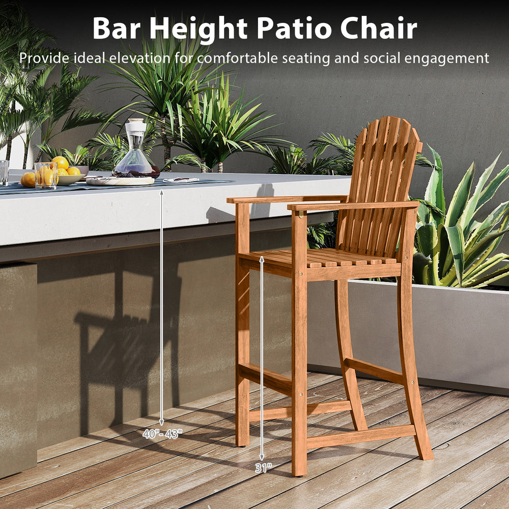 Tall Adirondack chair with armrests and footrest, made of acacia wood, ideal for 40"-43" bar tables on patios or decks.
