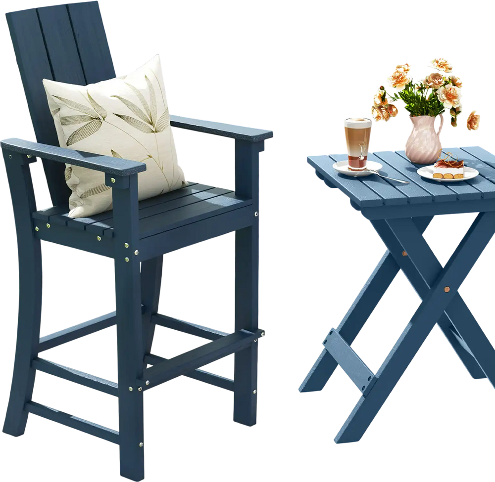 Tall blue Adirondack bar stool with ergonomic backrest, perfect for outdoor patios and backyard relaxation.