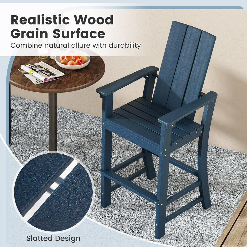 Tall blue Adirondack bar stool with ergonomic backrest, slatted design, and realistic wood grain for outdoor comfort.