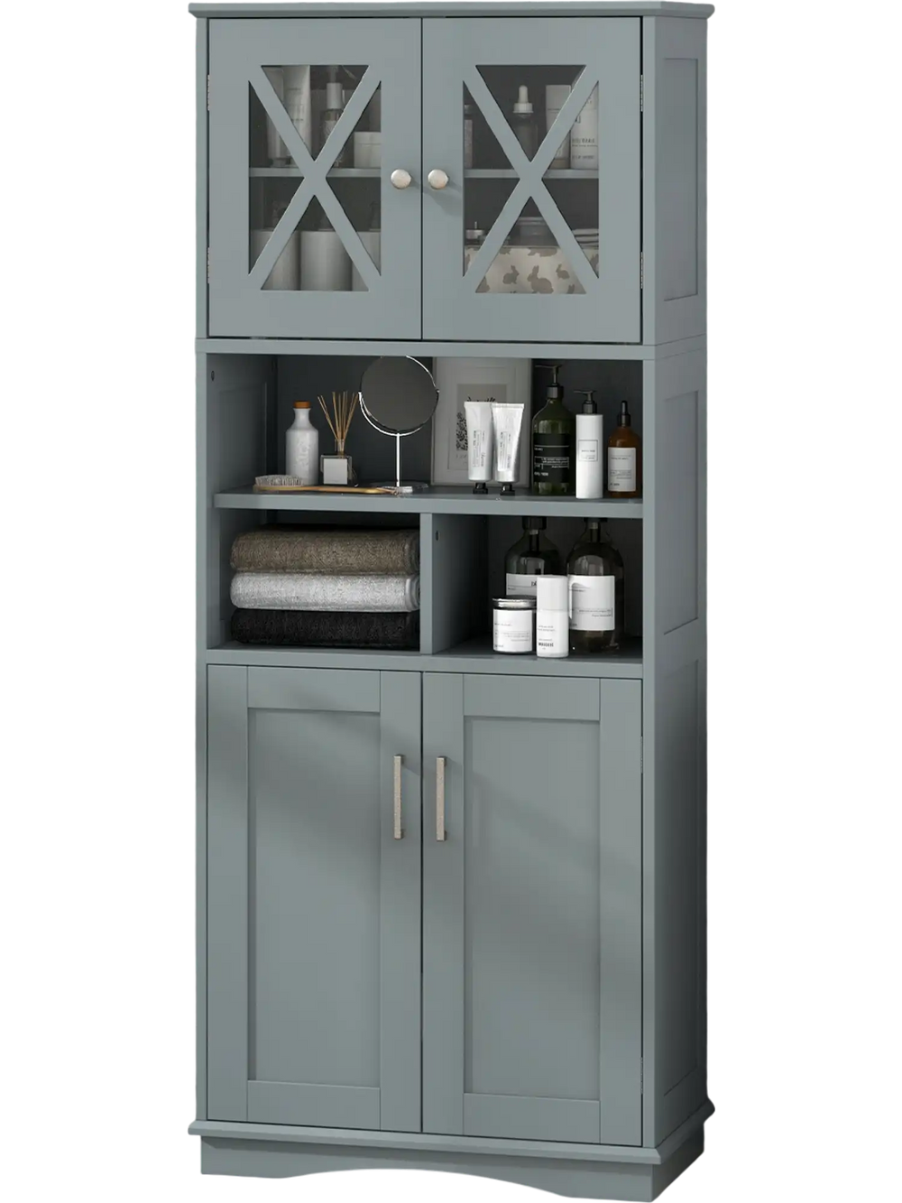 Tall gray bathroom cabinet with acrylic doors, 2 cabinets, and 3 open shelves for versatile storage and easy access.
