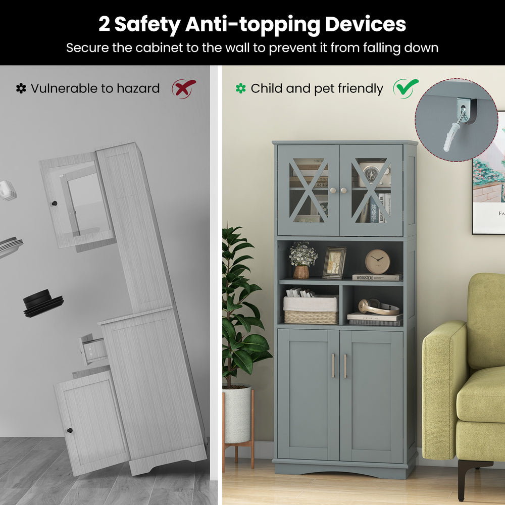 Tall gray bathroom cabinet with acrylic doors, featuring 2 anti-tipping devices for safety and 3 adjustable shelves.