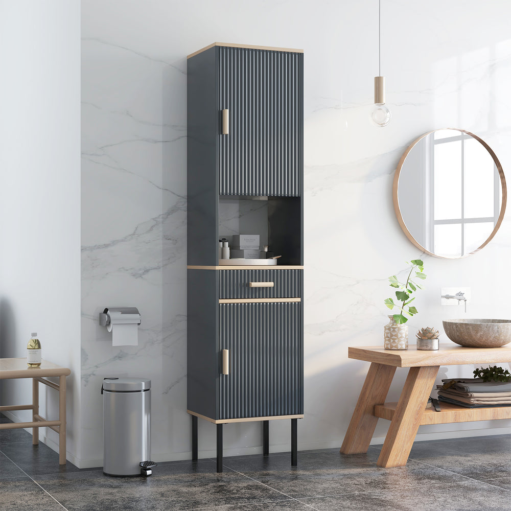 Gray free-standing bathroom cabinet with a sleek design, featuring a drawer and adjustable shelves for versatile.
