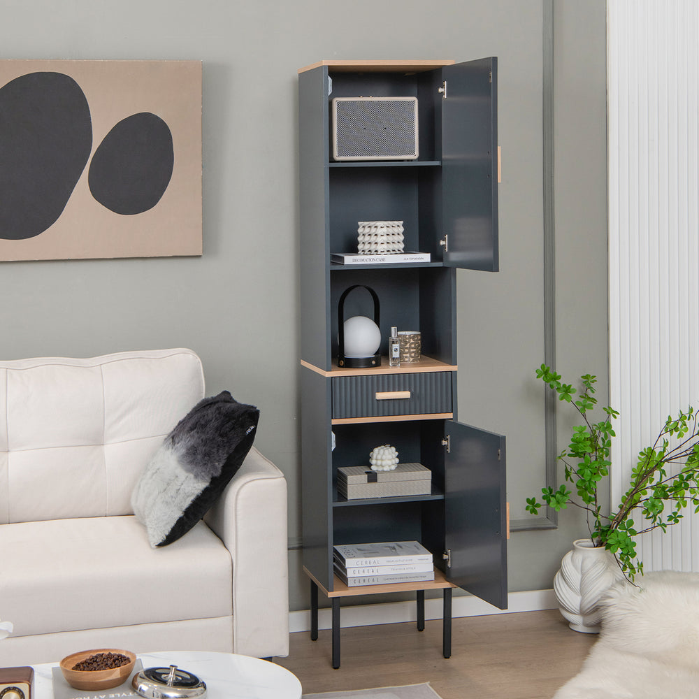 Narrow gray free-standing bathroom cabinet with a smooth drawer, adjustable shelves, and stylish metal legs for.