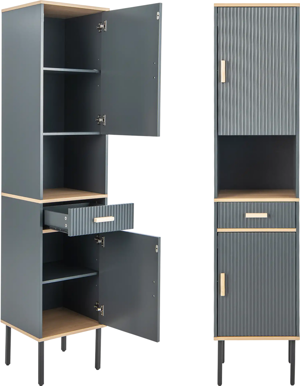 Narrow gray free-standing bathroom cabinet with doors and drawer, featuring adjustable shelves and solid metal legs.