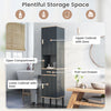 Free-standing gray bathroom cabinet with doors and drawer, featuring adjustable shelves and solid metal legs for.