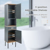 Narrow gray free-standing bathroom cabinet with adjustable shelves, drawer, and solid metal legs for versatile storage.