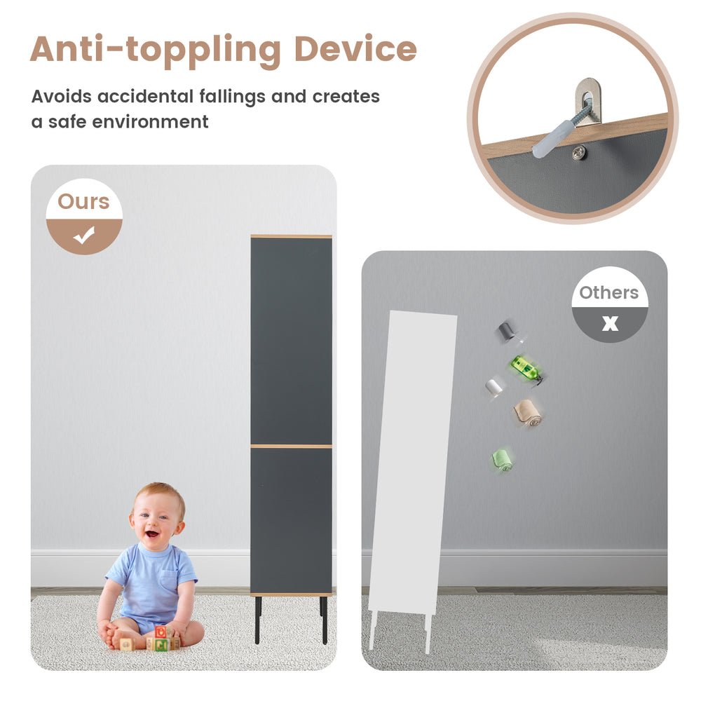 Free-standing gray bathroom cabinet with adjustable shelves and anti-toppling device for added safety and stability.