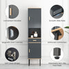 Narrow gray free-standing bathroom cabinet with doors and drawer, featuring adjustable shelves and smooth slide rails.