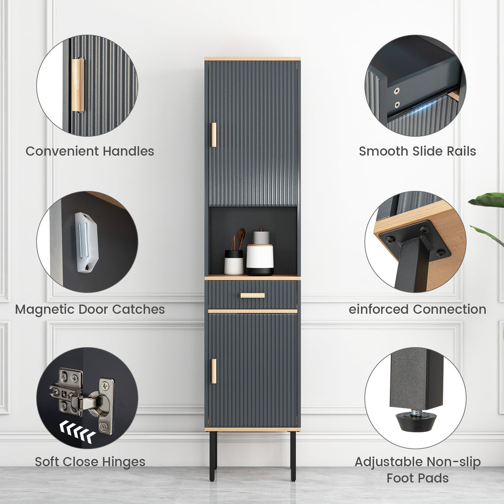 Narrow gray free-standing bathroom cabinet with doors and drawer, featuring adjustable shelves and smooth slide rails.