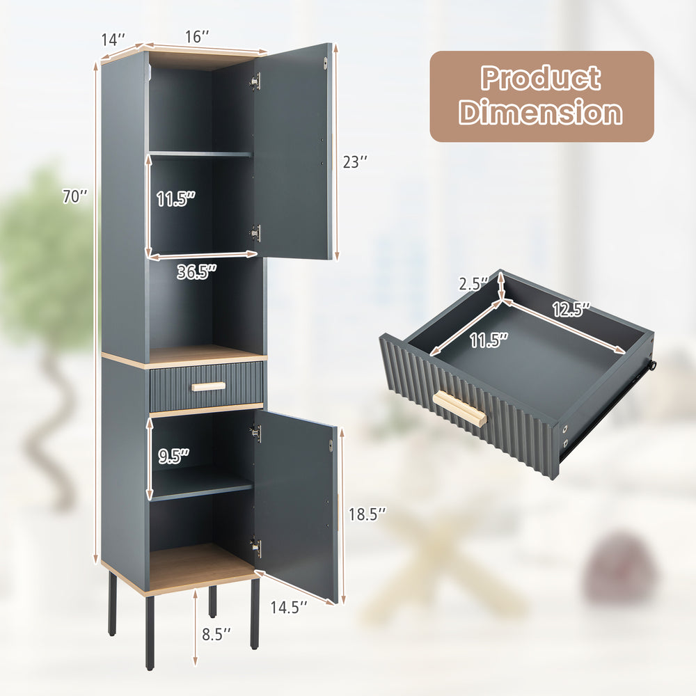 Narrow gray free-standing bathroom cabinet with doors and drawer, featuring adjustable shelves and sturdy metal legs.