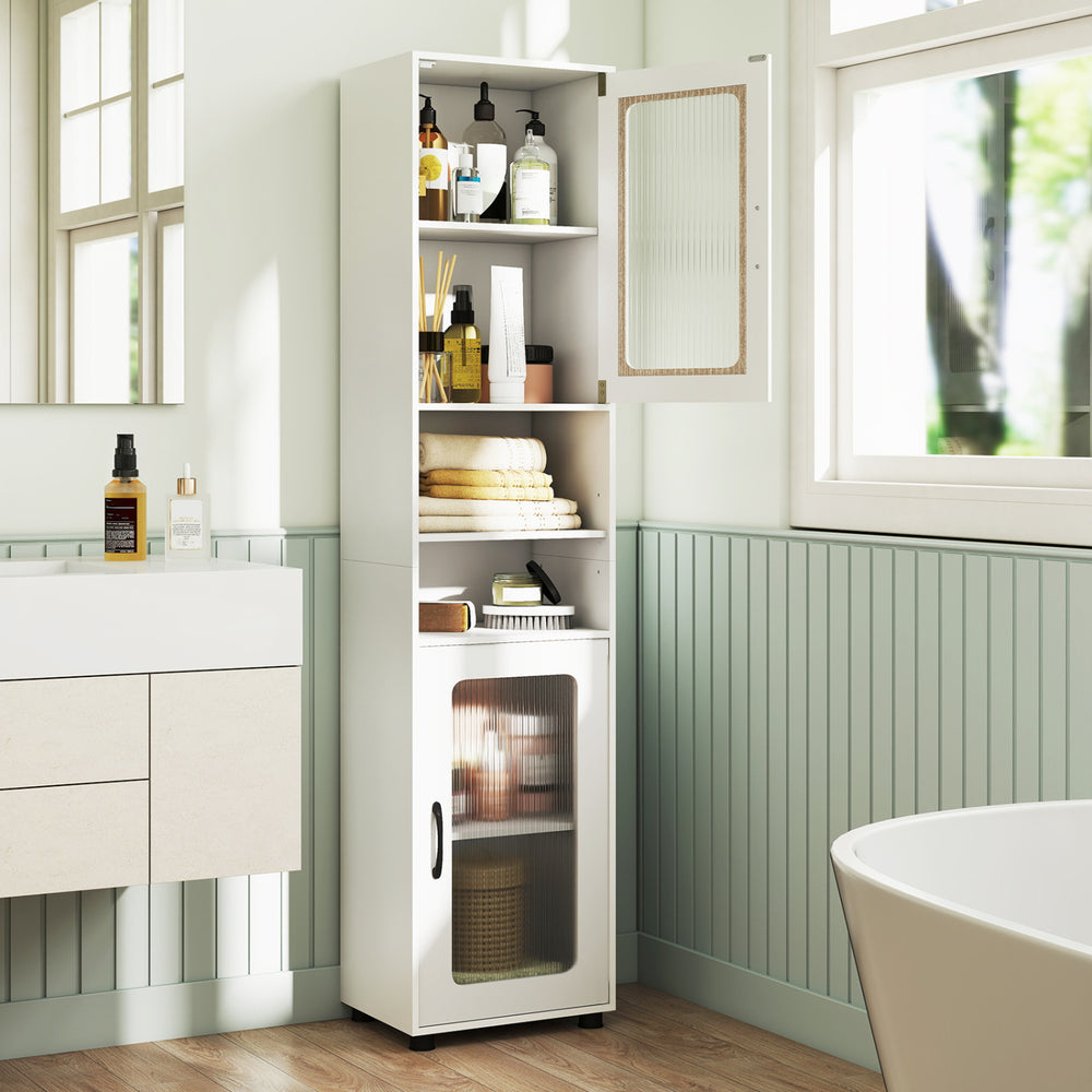 Tall bathroom storage cabinet in white with fluted doors, featuring 2 cabinets and 2 open shelves for organized storage.