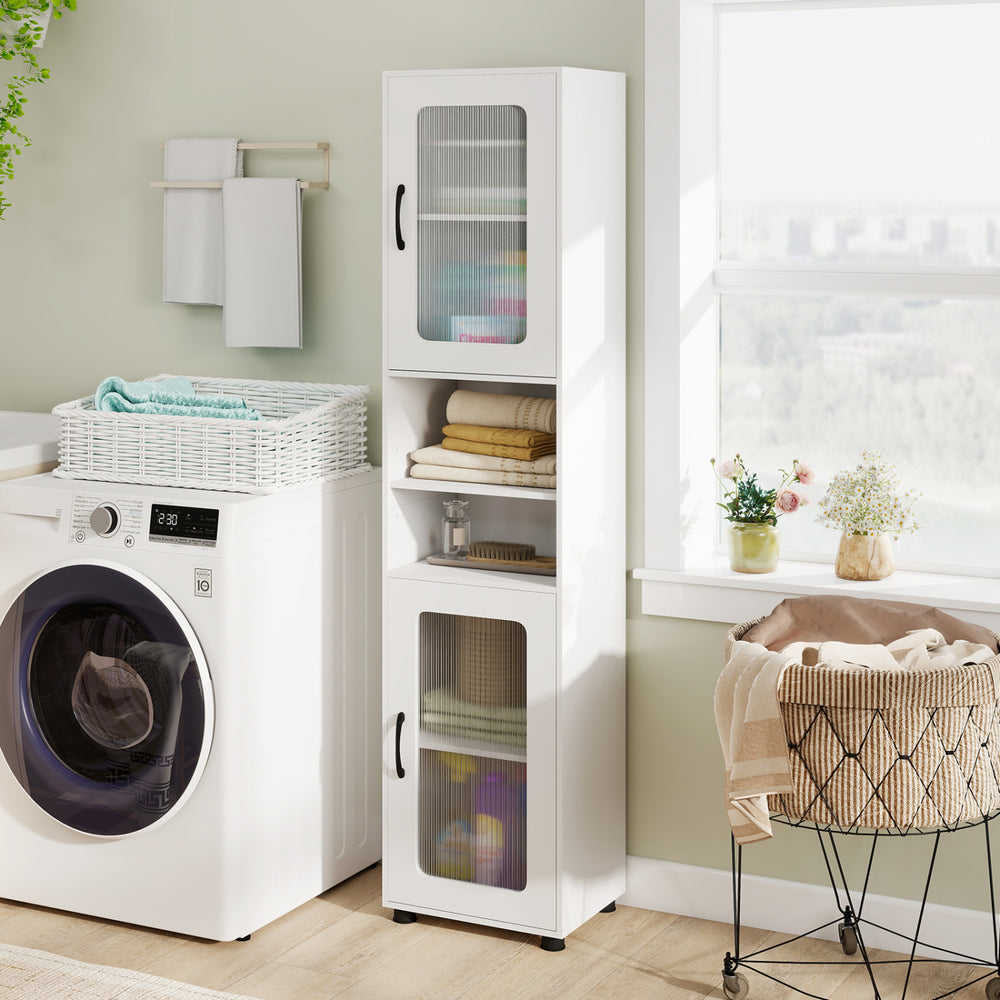 Tall white bathroom storage cabinet with fluted doors, featuring two cabinets and two open shelves for versatile.