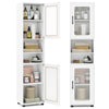 Tall bathroom storage cabinet in white with transparent fluted doors and adjustable shelves, ideal for compact areas.