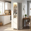 Tall white bathroom storage cabinet with LED lights, adjustable shelves, and tempered glass door for versatile organization.