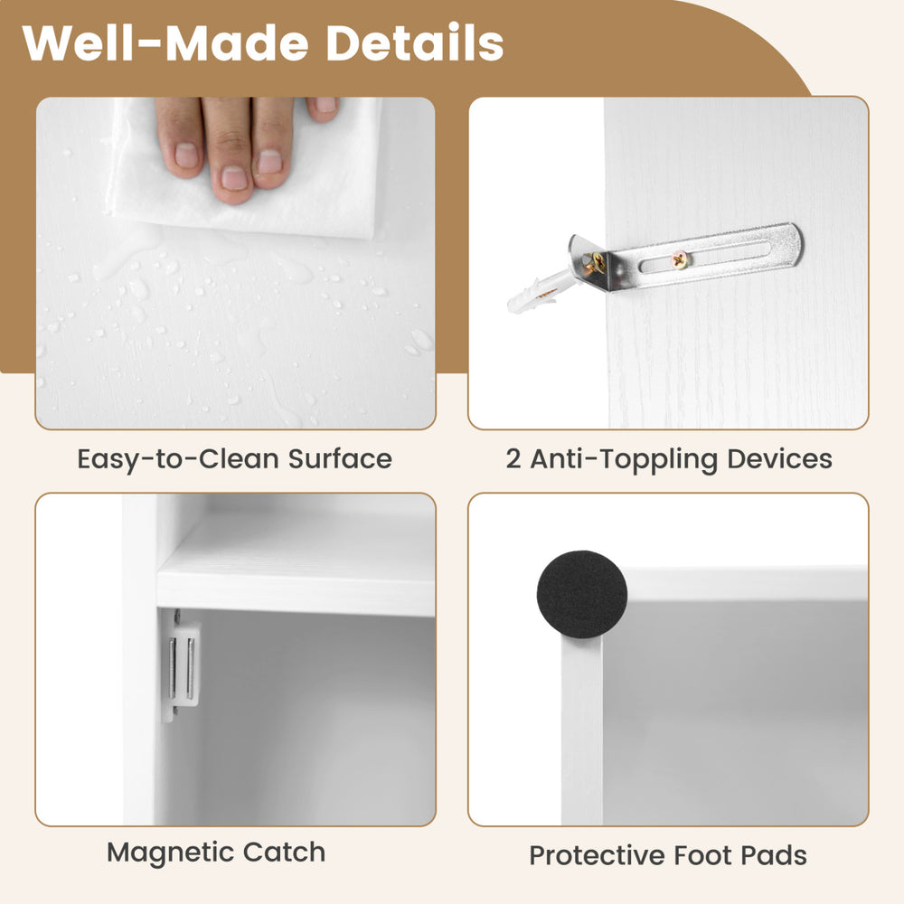 Well-made details of the tall bathroom storage cabinet include a magnetic catch, anti-toppling devices, and easy-to-clean surface.