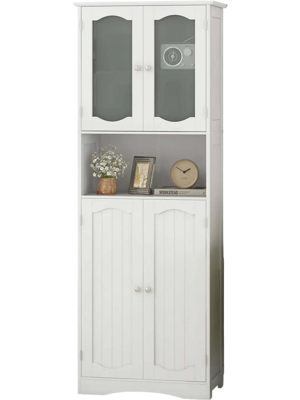 White bathroom storage cabinet with frost glass doors and adjustable shelves, perfect for stylish organization in any.