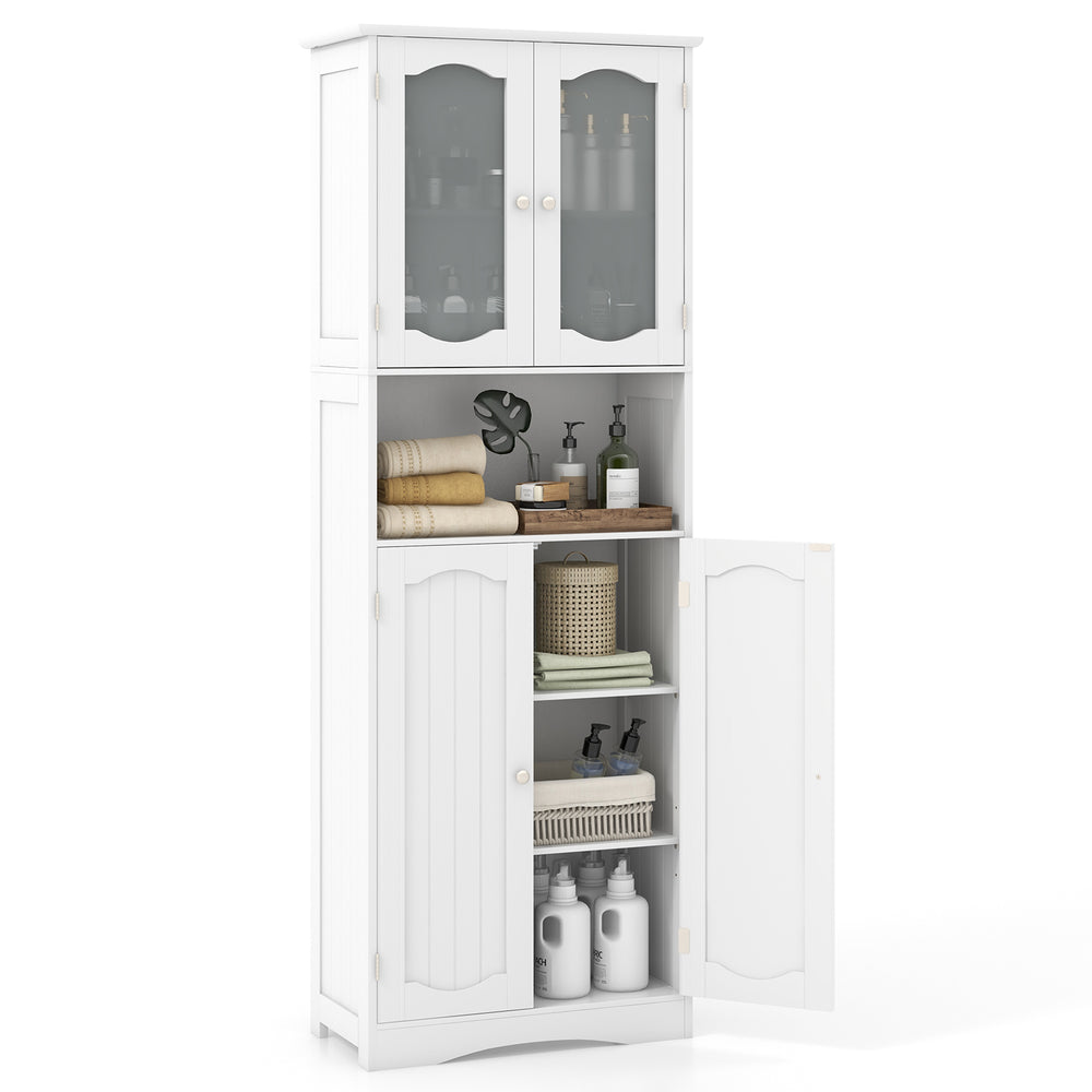 Tall white bathroom storage cabinet with frost glass doors, adjustable shelves, and large storage capacity for.