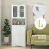 Tall white bathroom storage cabinet with frost glass doors, adjustable shelves, and anti-tipping devices for safety.
