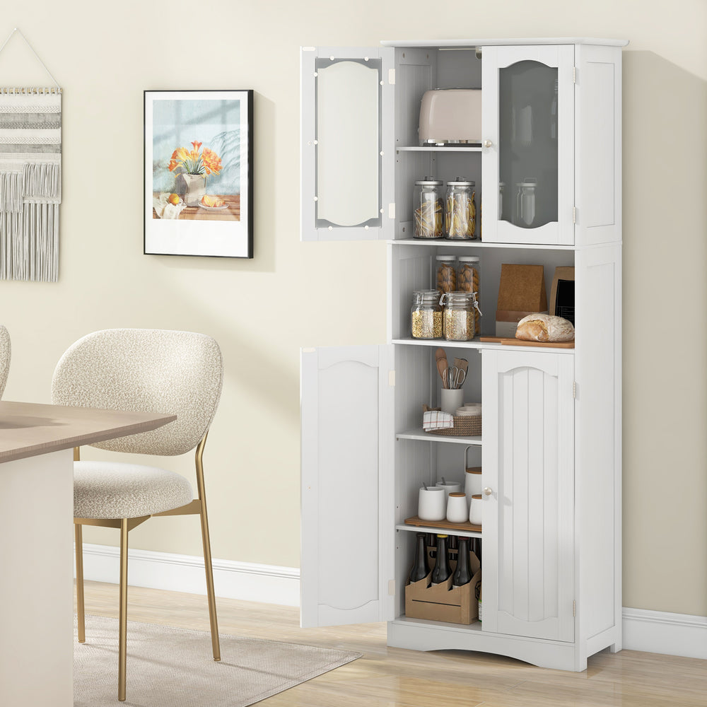 White bathroom storage cabinet with open compartment and frost glass doors, showcasing adjustable shelves and elegant.