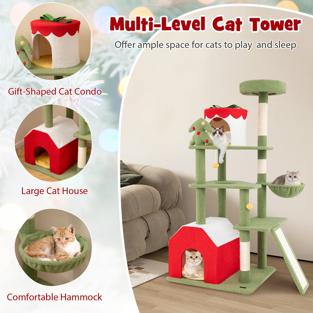 Multi-level green cat tower with gift-shaped condo, sisal scratching posts, and plush top perch for playful lounging.
