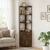 Tall corner storage cabinet in rustic brown featuring 3 open shelves and an enclosed cabinet for organized display and storage.